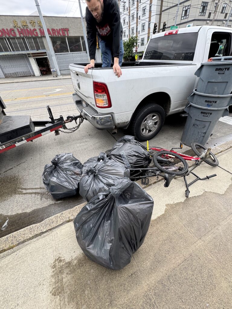 Bagged debris staged for haul off