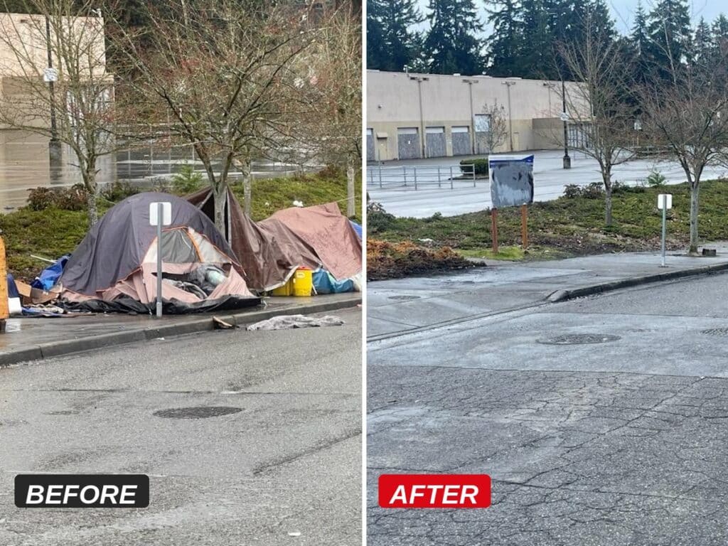 Encampment cleanup before and after, street cleared of tents and debris by Fresh Family LLC crew