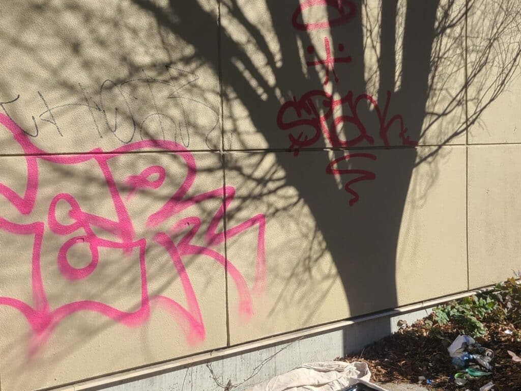 Graffiti on exterior wall before Fresh Family repainting