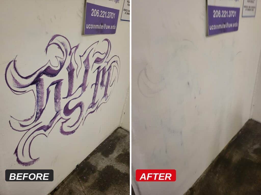Graffiti removal before and after on a University of Washington parking garage wall by Fresh Family LLC