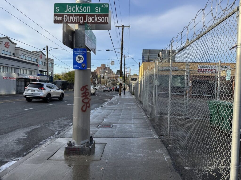 Freshly cleaned sidewalk at S Jackson St in Little Saigon, Seattle