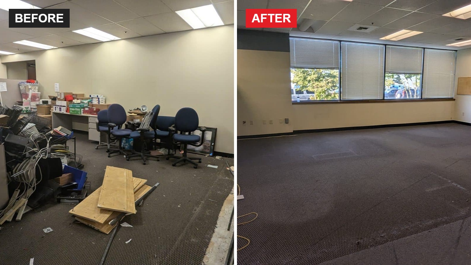 Office space before and after a move out and haul off