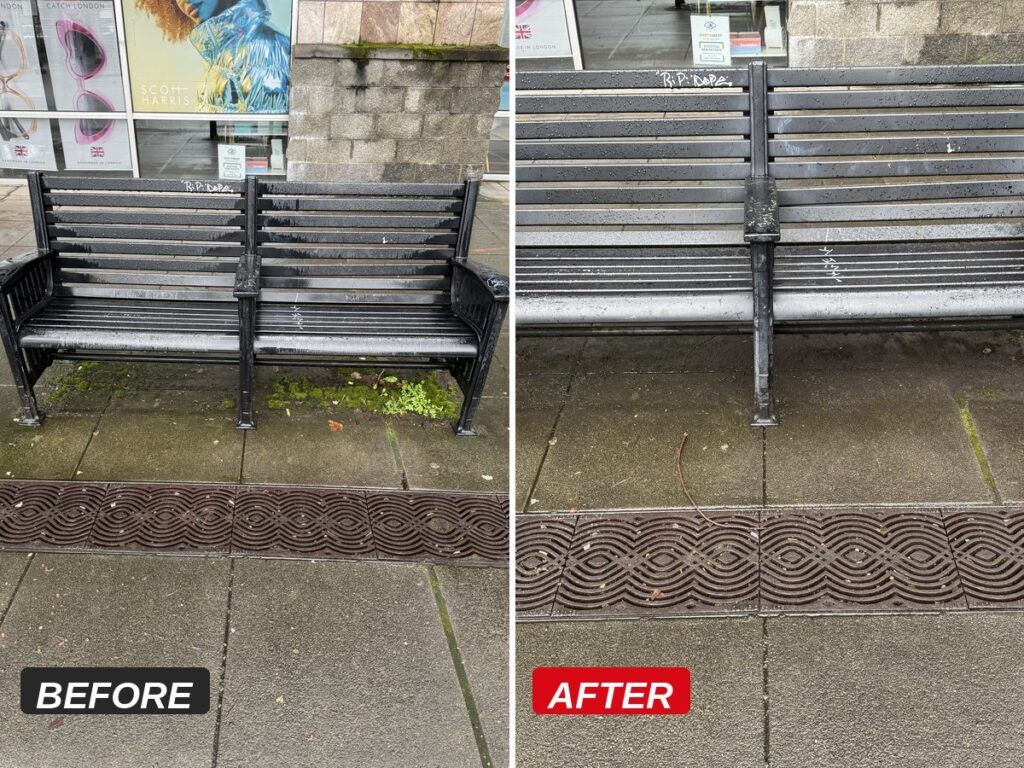Before and after pressure washing of a public bench and sidewalk