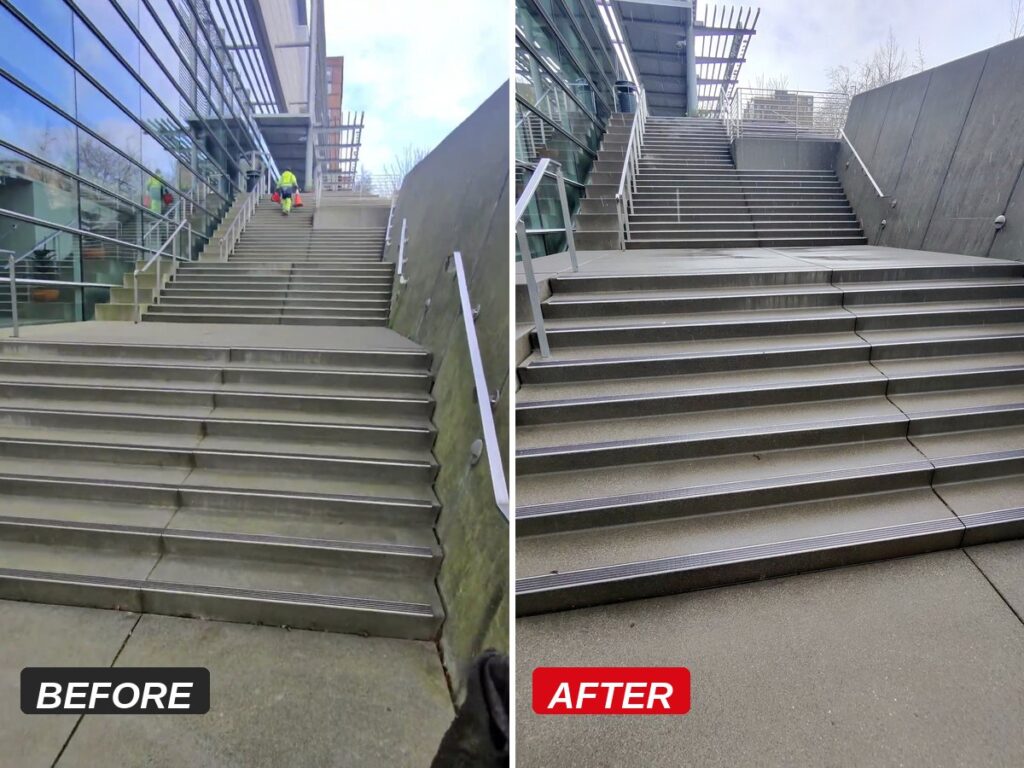 Before and after pressure washing of a moss covered transit stairway
