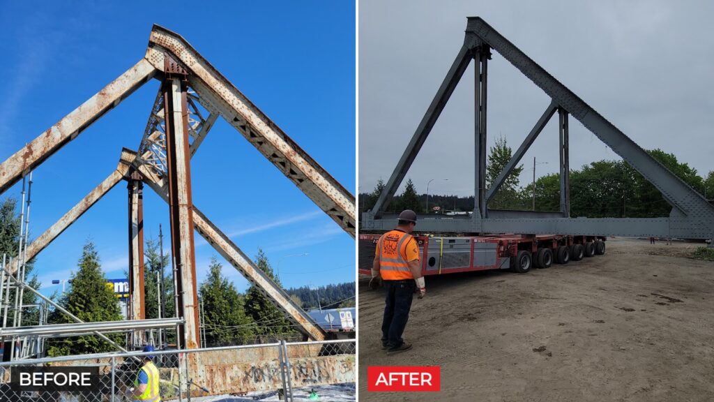 Puyallup River Bridge truss before and after scaffold wrap and zinc primer