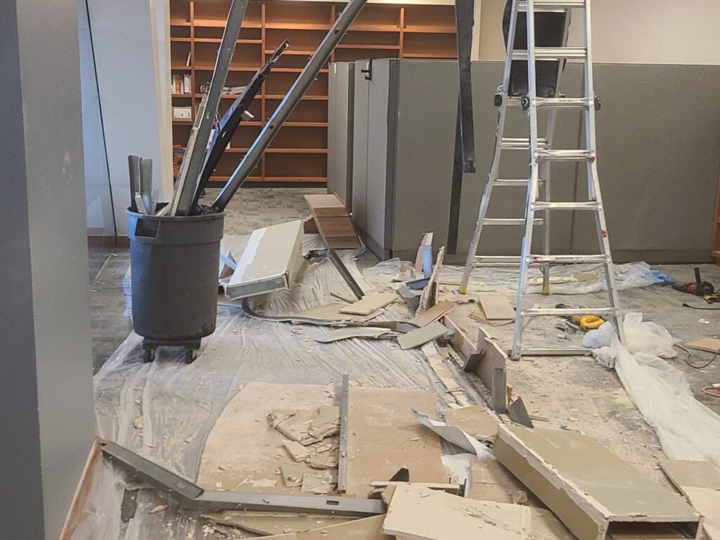 Ceiling grid and finishes removed during selective demolition at Seattle Municipal Tower